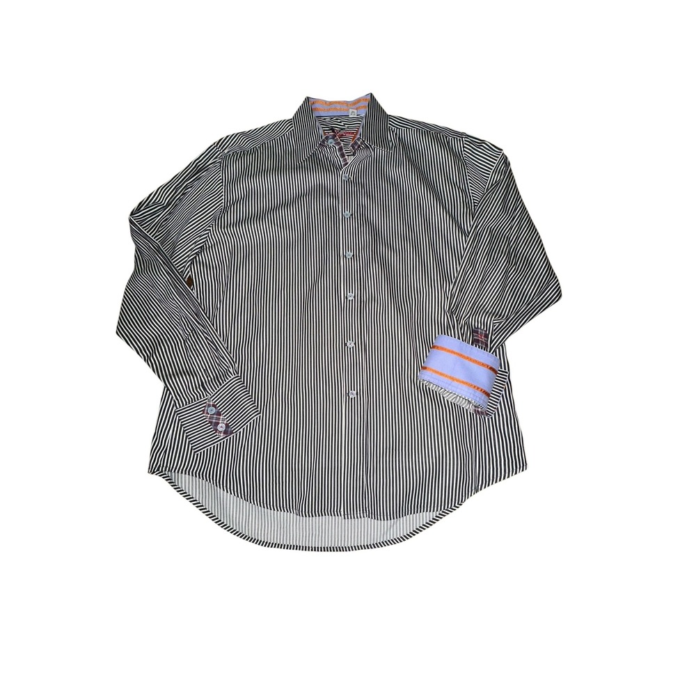 ROBERT‎ GRAHAM Flip Cuff Shirt Men's XL Black White Striped Button Down
